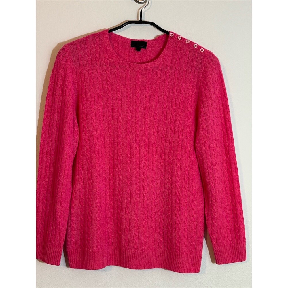J.Crew 100% Cashmere Sweater Womens L Bright Pink Cable Knit Crew